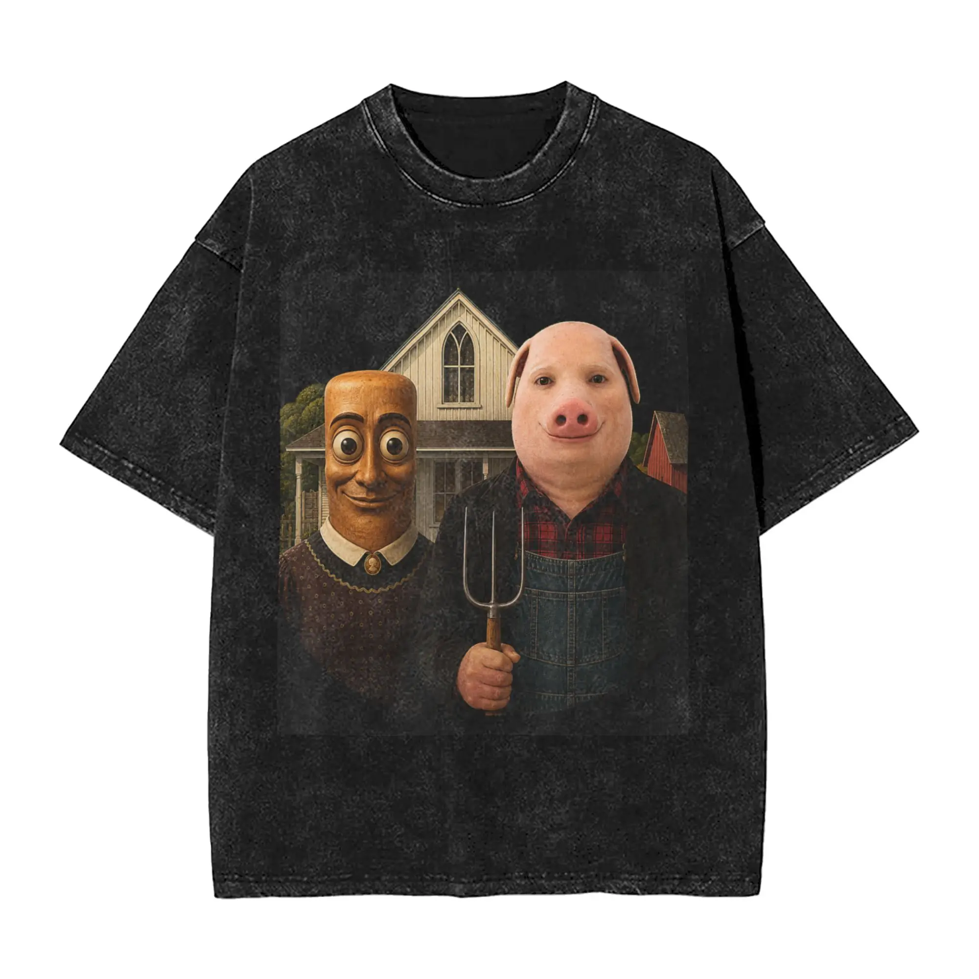 John Pork American Gothic Funny Viral Meme Art Dank Brainrot T-Shirt Summer Y2K Basic T-Shirts Cotton Harajuku Tshirt For Couple