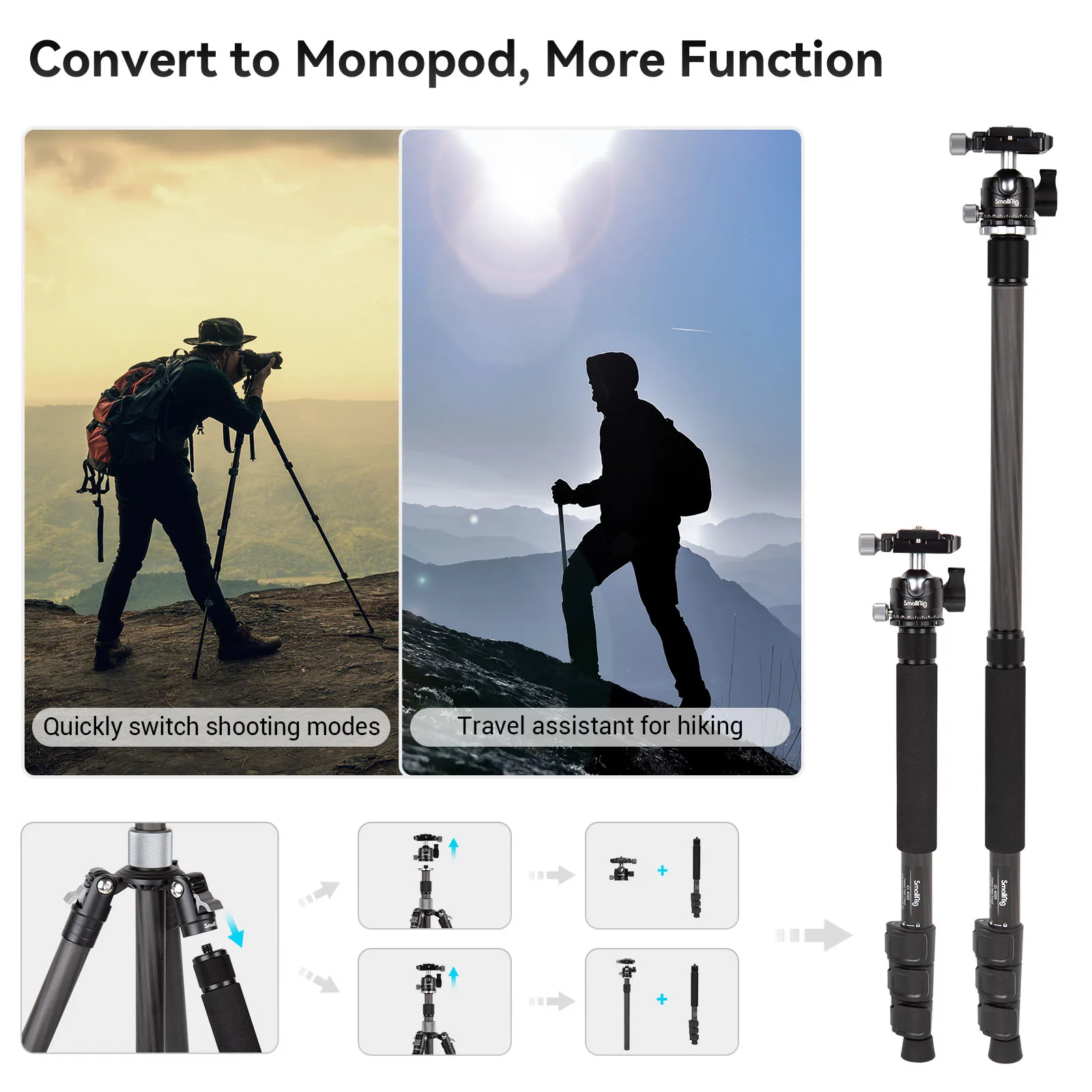 SmallRig Professional Carbon Fiber Tripod AP-20 AP-10 Center Column Lightweight Legs Load 12kg Quickly Adjustable 4059 4060