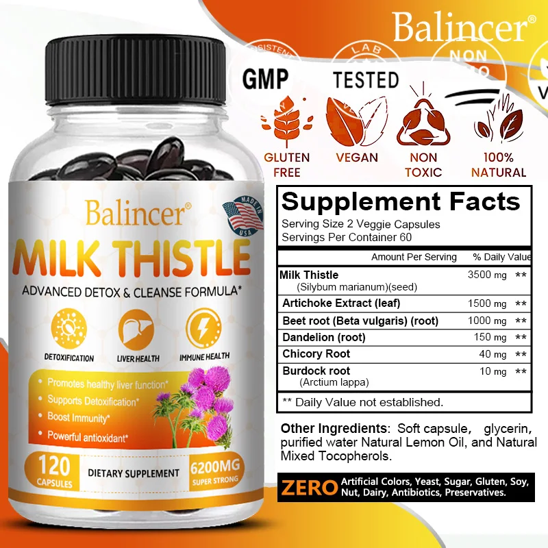 Balincer Milk Thistle Extract Supplement 6200mg - Liver Health, Detoxification - Antioxidants, Non-GMO, Gluten-Free