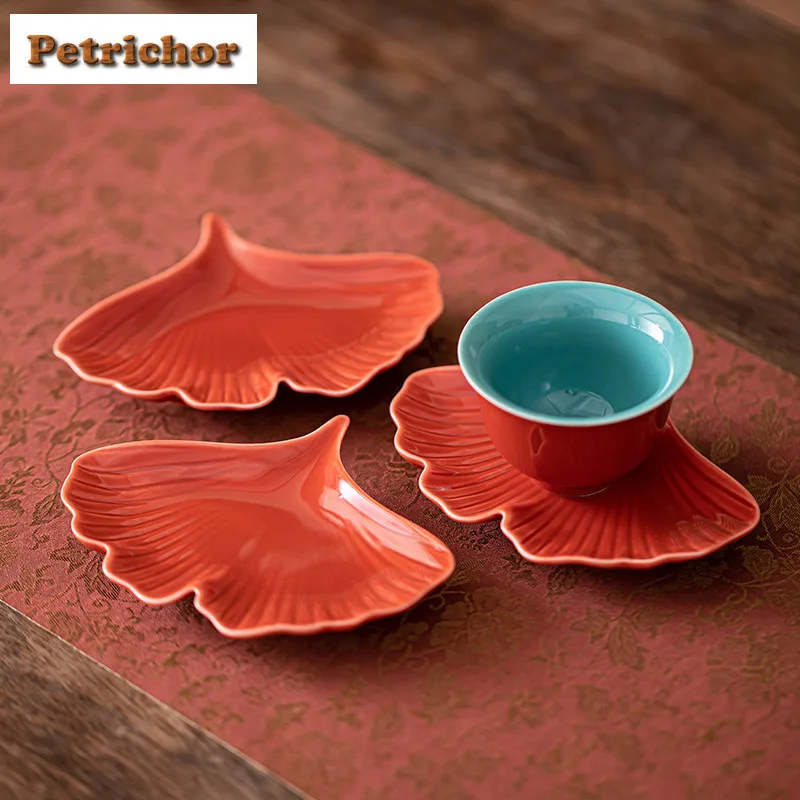 2pc/lot Palace Museum Red Creative Ginkgo Leaf Coasters Japanese For Coffee Cup Heat Insulation Placemats Tea Services Ornaments