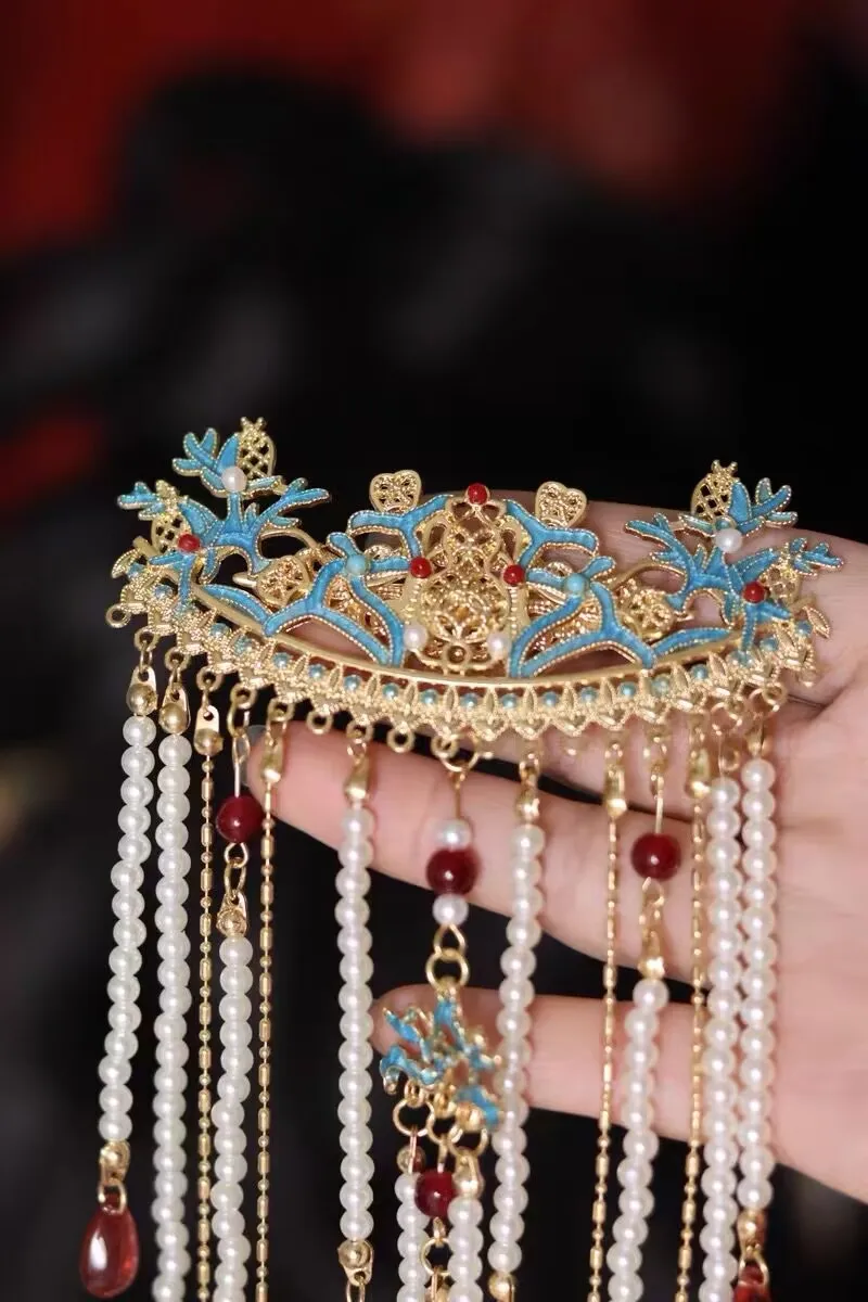 Antique Womens Gold-plated Blue Flowers Back Hair pin  With Long Beads Tassel Chinese Headwear