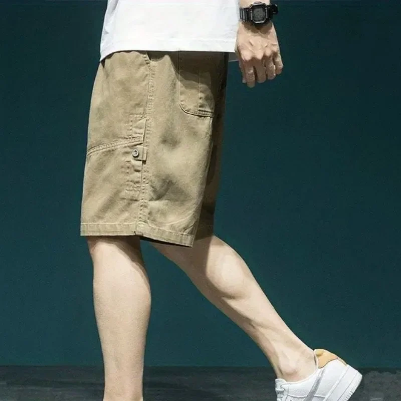 With Pockets Men's Cargo Shorts Draw String Half Baggy Solid Bermuda Male Short Pants Elastic Waist Loose Long Wide Summer Y2k