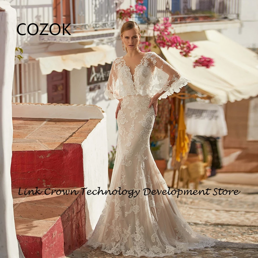 COZOK Ivory Mermaid Wedding Dresses with Lace Full Sleeve Bridal Gowns for Princess 2024 Summer Court Train Vestidos De Novia