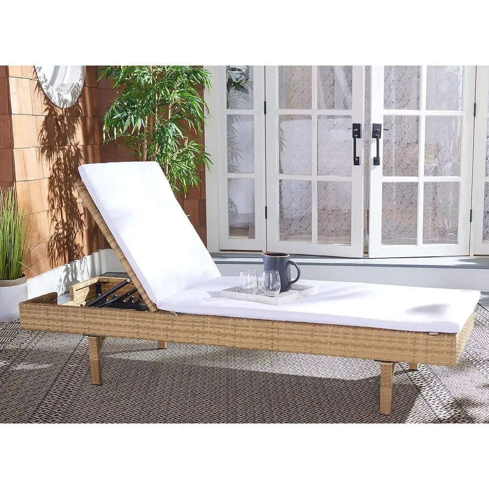 Collection Cam Natural Brown Wicker/White Cushion Adjustable Chaise Lounge Chair, Black/Beige (PAT7501D)