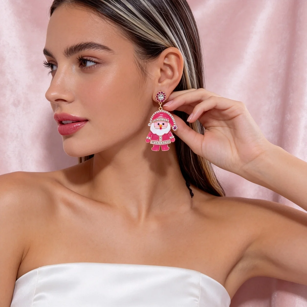 Strass-Ohrringe mit rosa Emaille-Weihnachtsmann-Anhänger für Damen, Weihnachtsschneemann, Lebkuchenmann, Krücke, Schneeflocken-Ohrringe, Schmuck – Detail 12