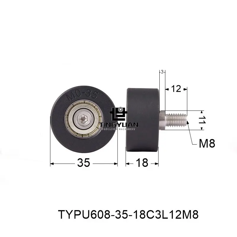 Polyurethane Roller TYPU608-35-18mm  Flat Type ID8 OD35 TPU 1pcs  Black Wheel Roller Pulley With 304 Screws  Guide Wheel