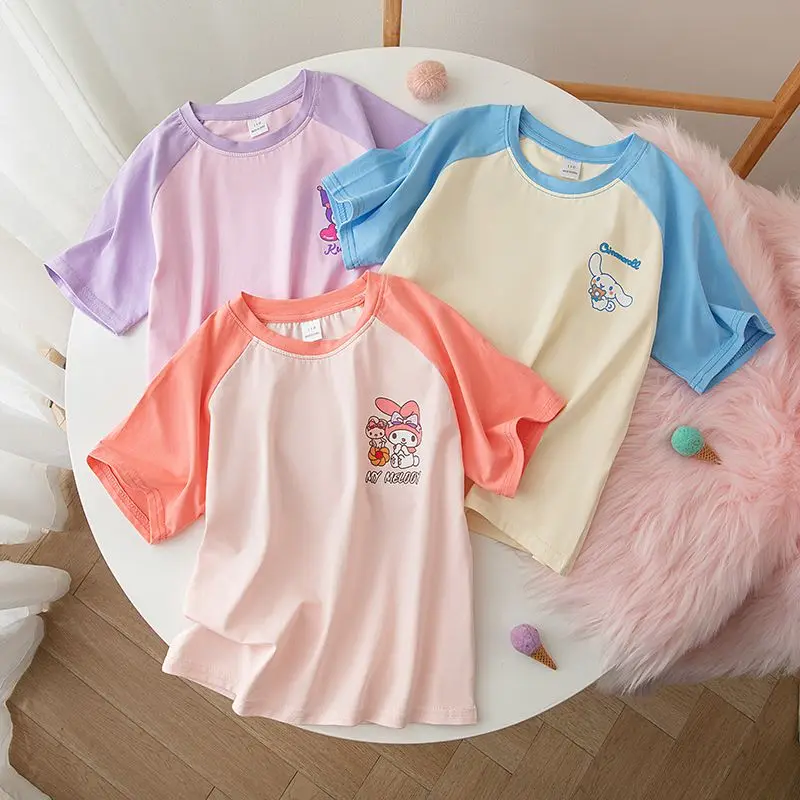 

New Cinnamoroll My Melody Anime Kawaii Sanrio Soft Cotton Printed Short-Sleeved Cute Kuromi Ins T-Shirt Clothing Gifts for Kids