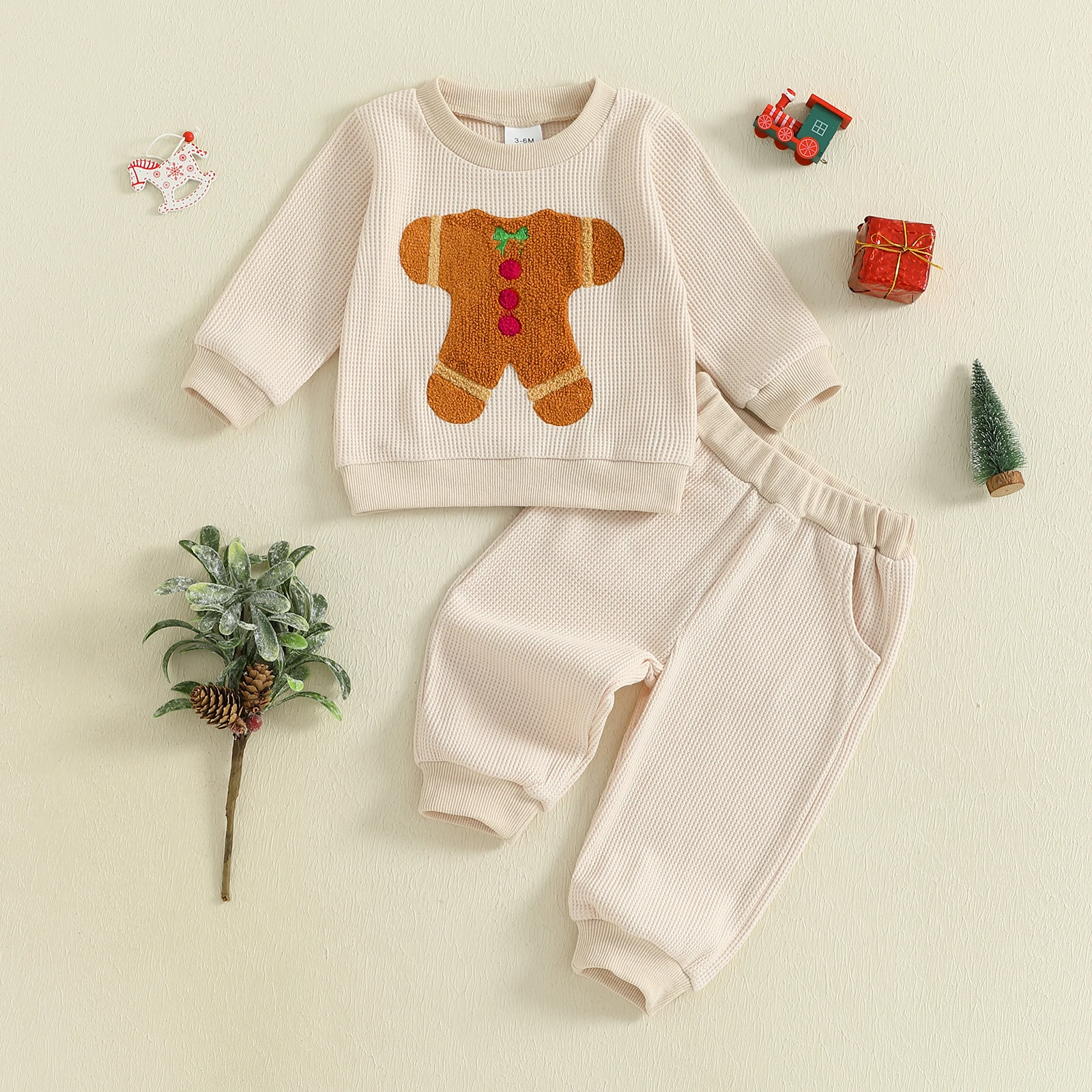 

Lioraitiin Toddler Baby Christmas Outfit Gingerbread Man Embroidery Long Sleeve O-Neck Pullover+Elastic Waist Solid Pants Set