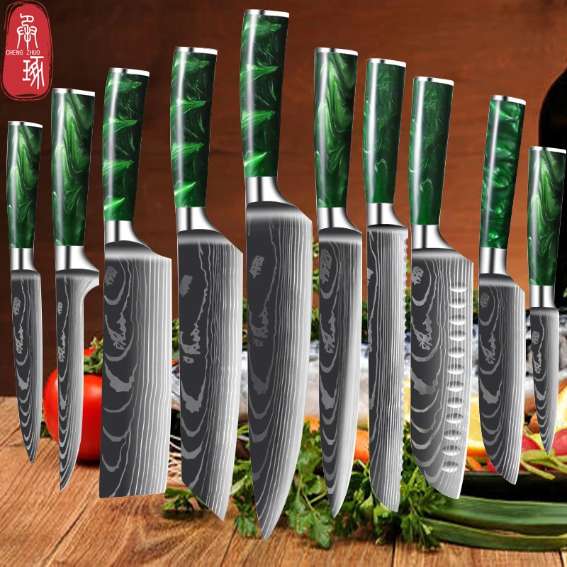 Damascus Kitchen Knives Set Professional Chef Knife 7CR17 Steel Fruit Boning Knife Japanese Santoku Salmon Knife Resin Handle