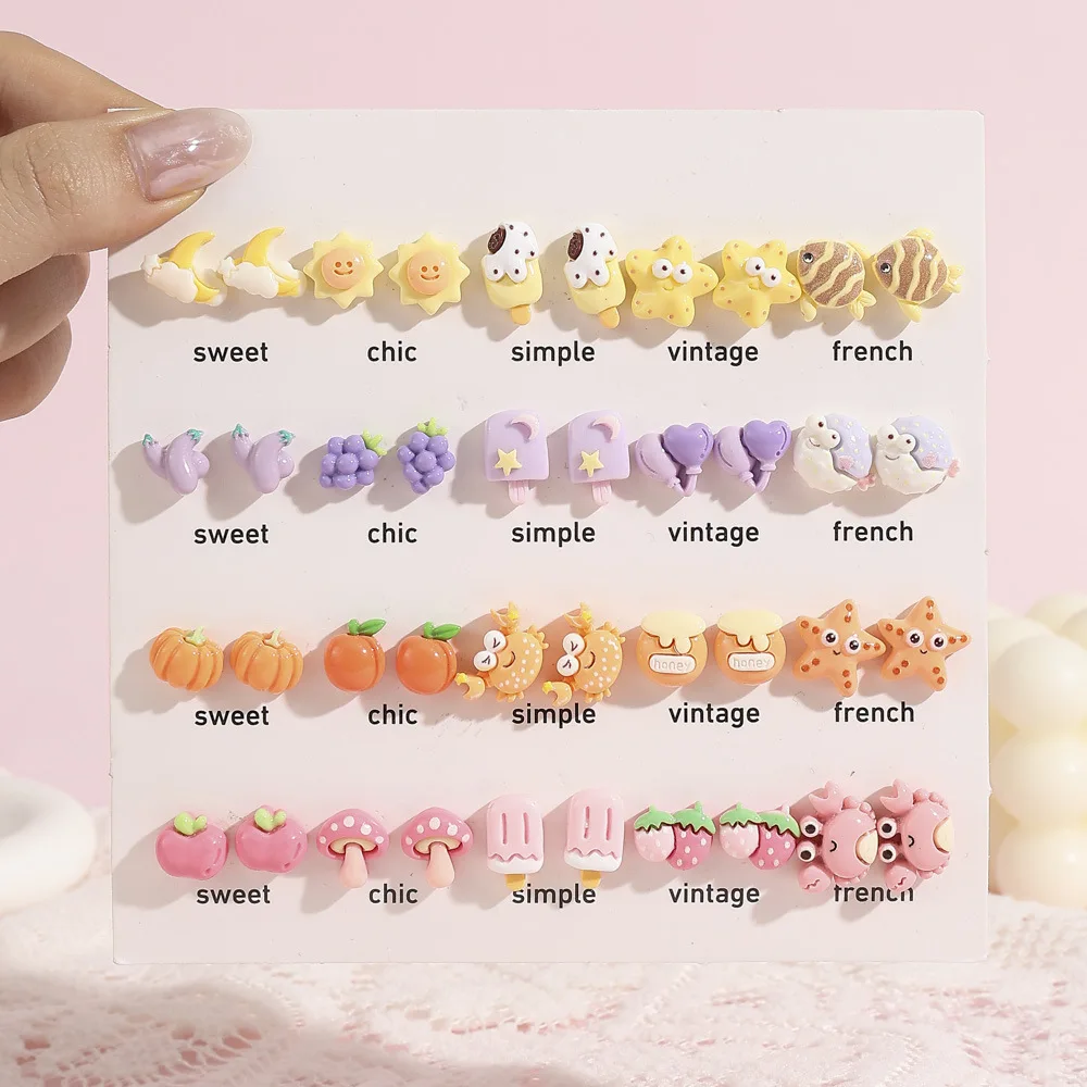 40pcs European and American cross border new macaron color resin cartoon cute ice cream star fruit multicolor stud earrings