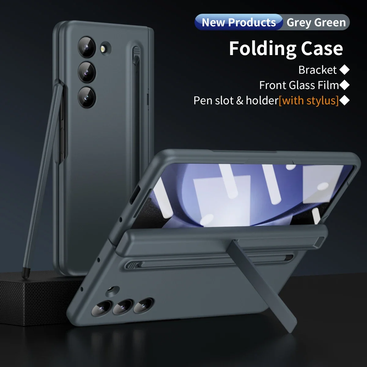 Luxury Hard PC Hinge Protection Cover for Samsung Galaxy Z Fold 5 4 3 Case with Screen Protector Stand Bracket Pen Holder Slot