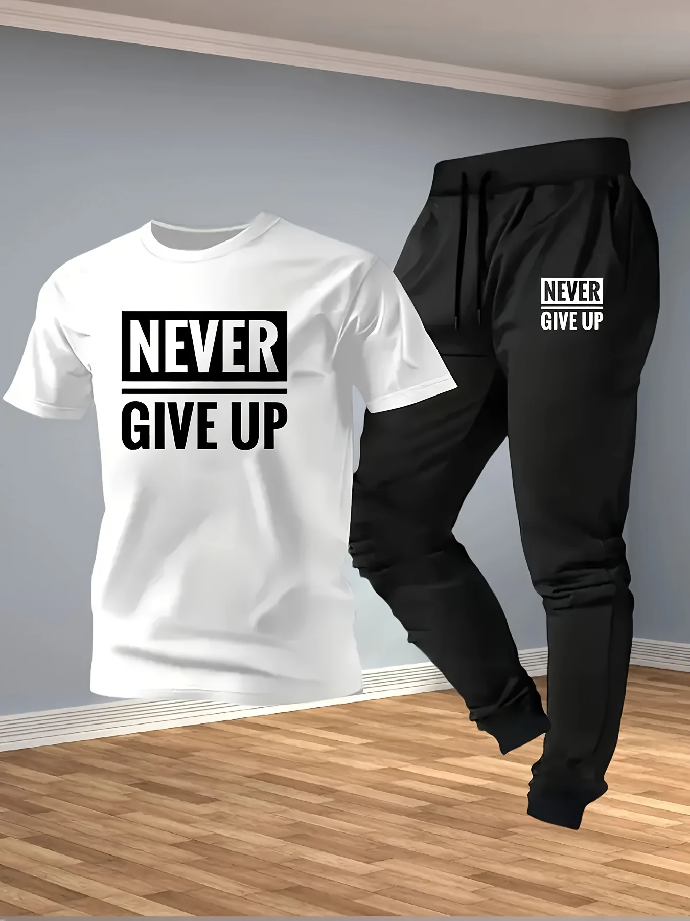 

Men's Daily Casual and Comfortable Short Sleeved Pants Set Never Give Up Letter Printed Round Neck T-shirt Sports Pants