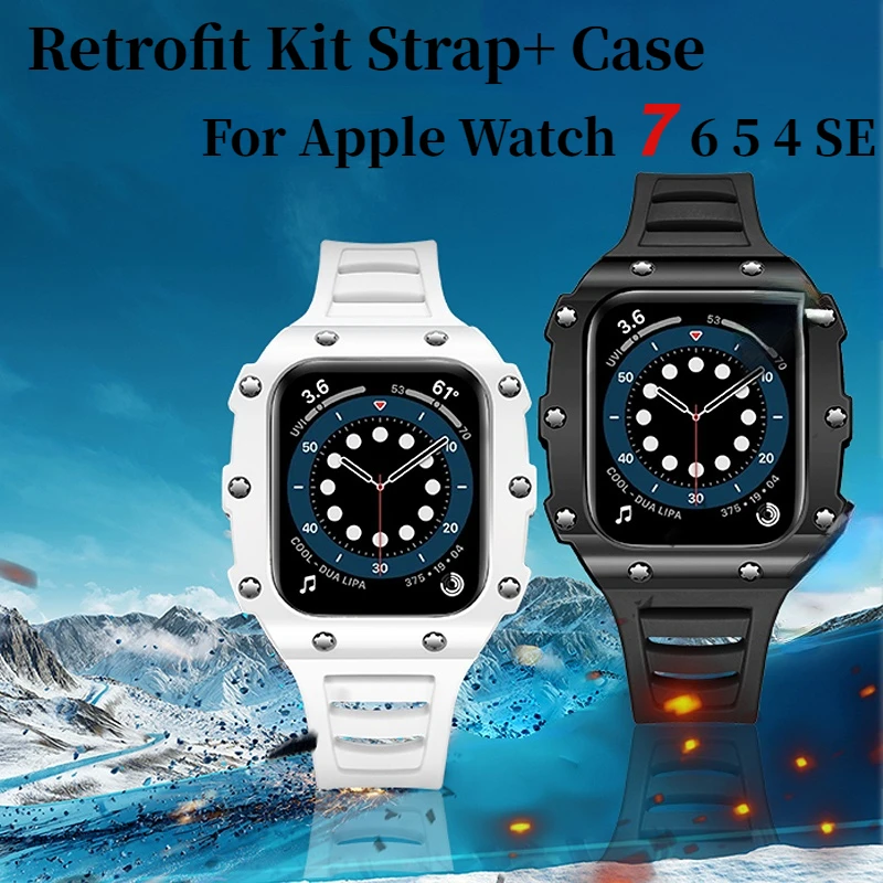 

Retrofit Kit Strap For Apple Watch 45mm 44mm 40mm 41mm Rubber Strap+Carbon Fiber/Ceramic Kit Case For iWatch Series 8 7 6 5 4 SE