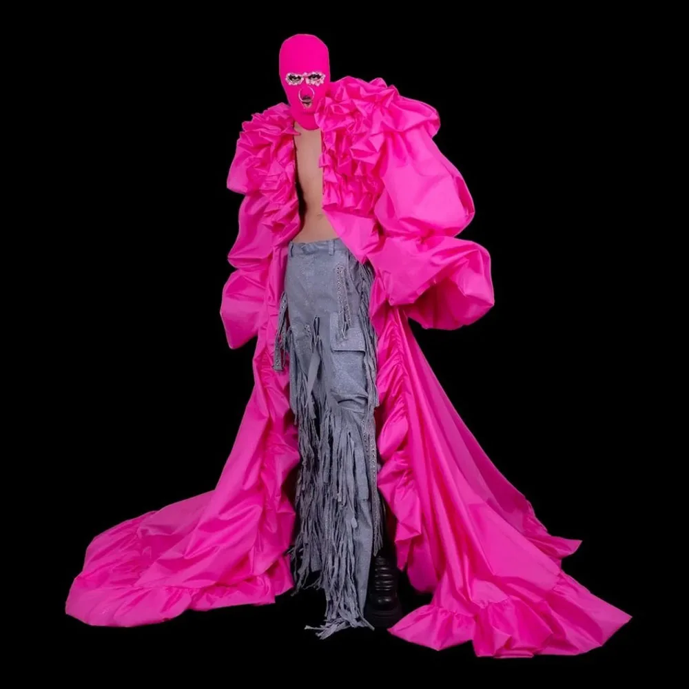 

Hot Pink Ruffles Tiered Satin Women Jacket With Long Sleeves Floor Length Long Tulle Jacket Vest Women Outfit Outwear Coat