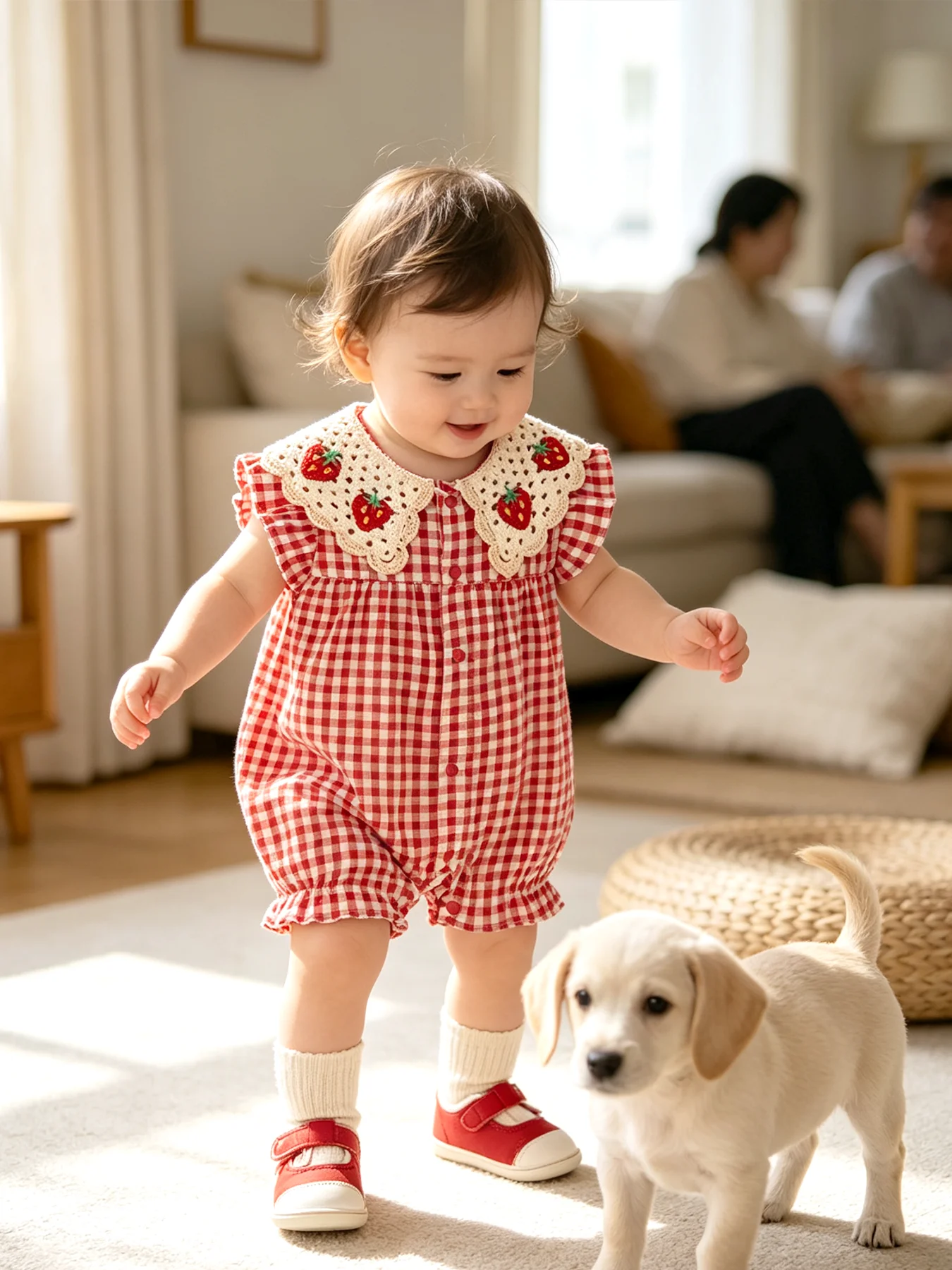 Ärmelloser Baby-Mädchen-Strampler: Gehäkelter, rot-weiß karierter, süßer Baby-Mädchen-Einteiler für den täglichen Sommergebrauch. – Detail 6