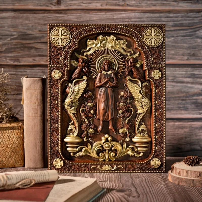 Vintage  Christian Wooden Jesus Christ Icon of Ascension Jesus and Lion Home Living Statue