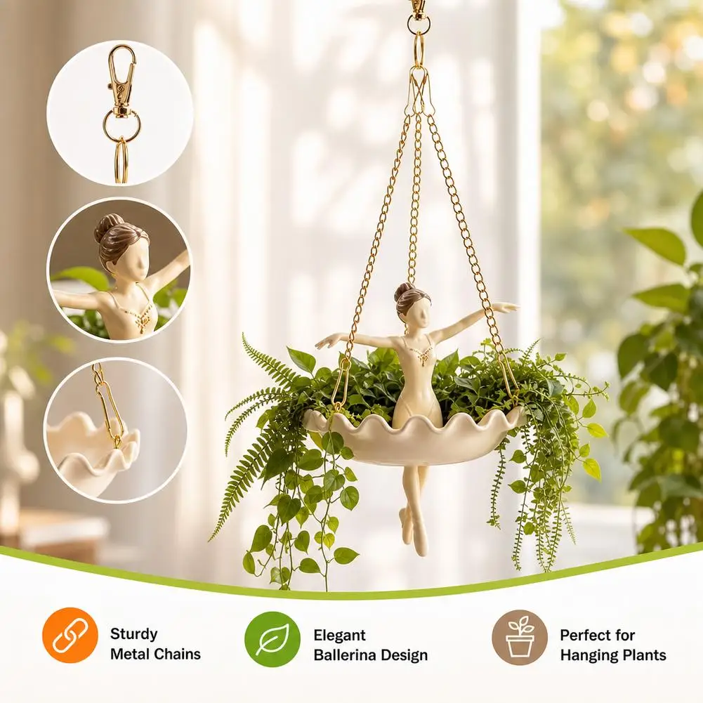 Resin Ballet Dancer Hanging Planter Whimsical Hand Carved Girl Hanging Plant Basket UV Resistant Elegant Ballerina Figure