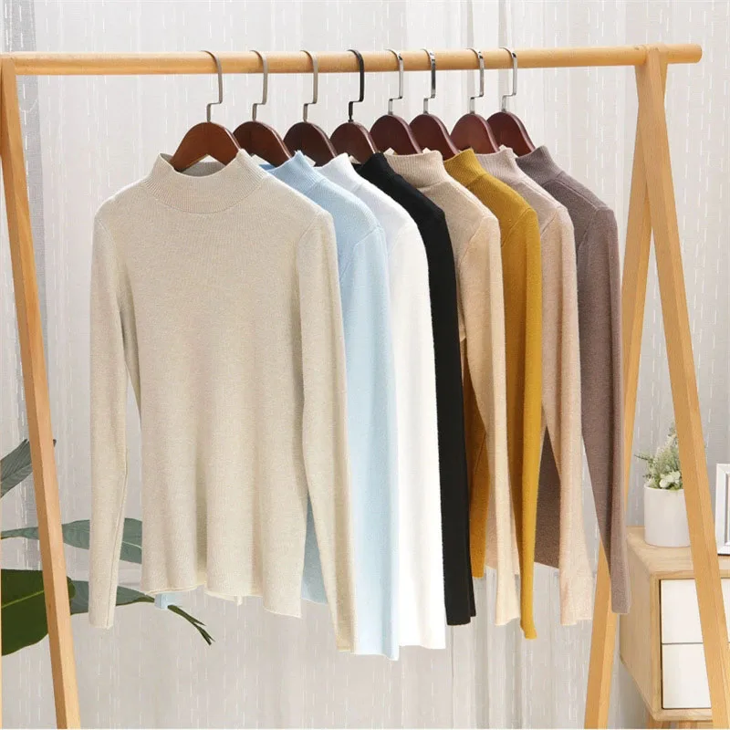 Autumn Winter Mock Neck Sweater Women Solid Color Casual Basic Long Sleeve Knitted Pullover Female Korean Slim Base Layer Jumper