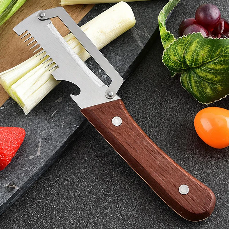 Multifunctional 3-in-1 Stainless Steel Vegetable Peeler Slicer Wooden Handle Kitchen Tool For Scallion Shredding Potato Peeling