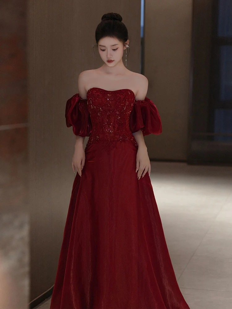 

Bride's Toasting Dress Sparkling One-Shoulder Princess Style Wedding Gown Long Tail Floor Length Beadwork Evening Party Dress