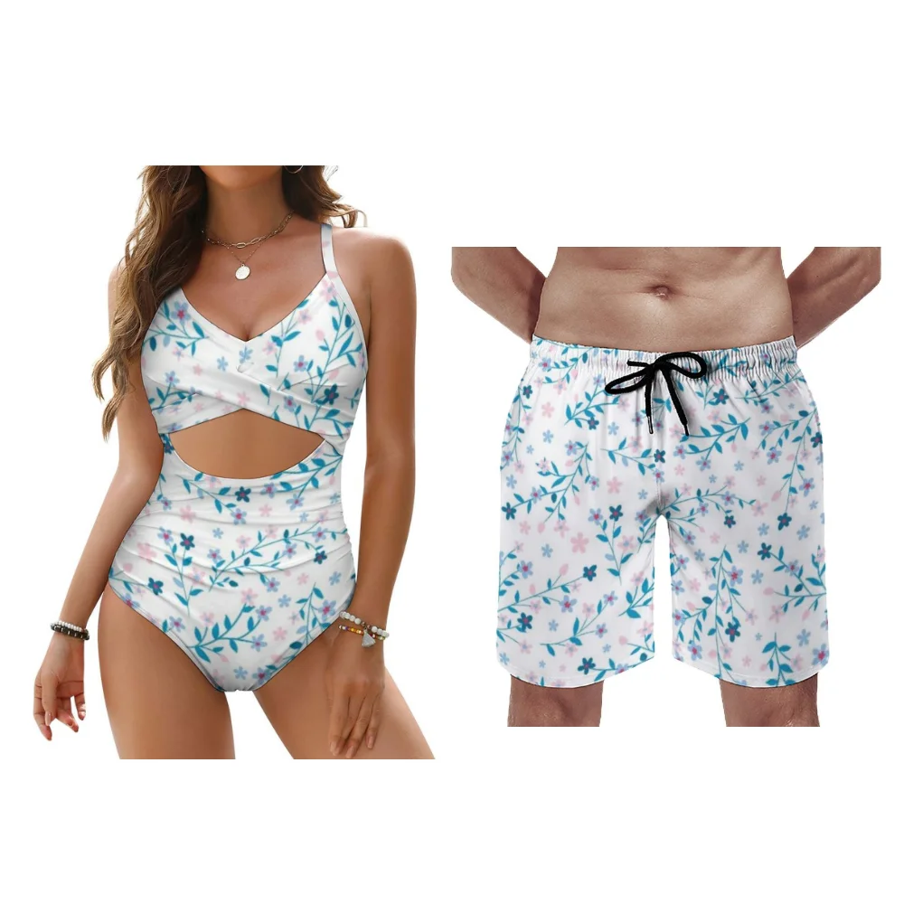 

Настраиваемые женские комплекты купальников бикини, мужские пляжные брюки для пар, летние цветочные узоры, летний стиль
