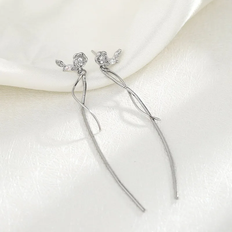 

PONYKISS Tibetan Silver Zircon Rose Flower Bead Tassel Stud Earrings for Women Romantic Fashion Jewelry Plant Accessories