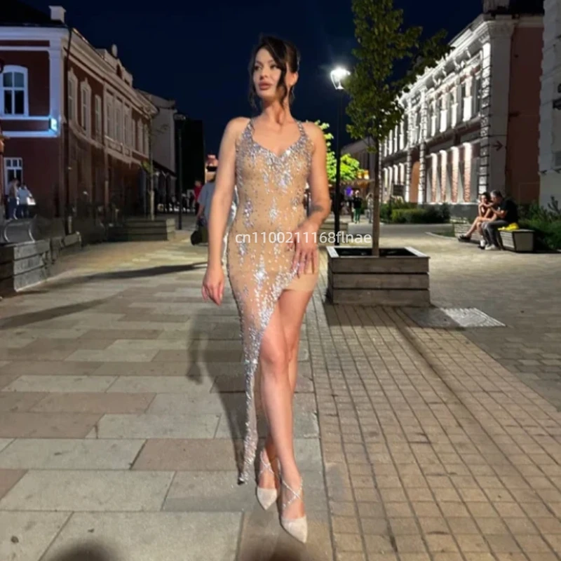 

Женское сетчатое платье на подтяжках с бриллиантами, сексуальное платье, платье для выступления на сцене певицы, костюм для показа мод