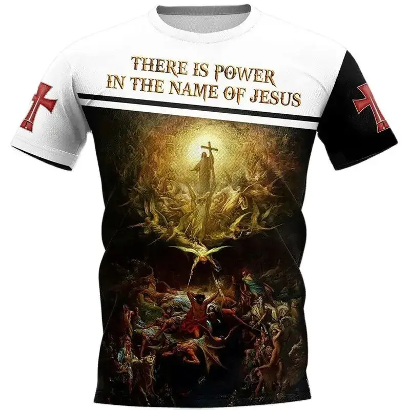 Summer Men\'s 3d Printed Christian Jesus Catholic T-Shirt O Collar Short Sleeve Loose Casual Harajuku Vintage Plus Size Top