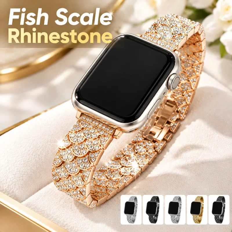 Fish Scale Rhinestone Metal Watch Band Compatible with Apple Watch S11 Xiaomi Band 10 9 Pro, Bling Sparkle Women Luxury