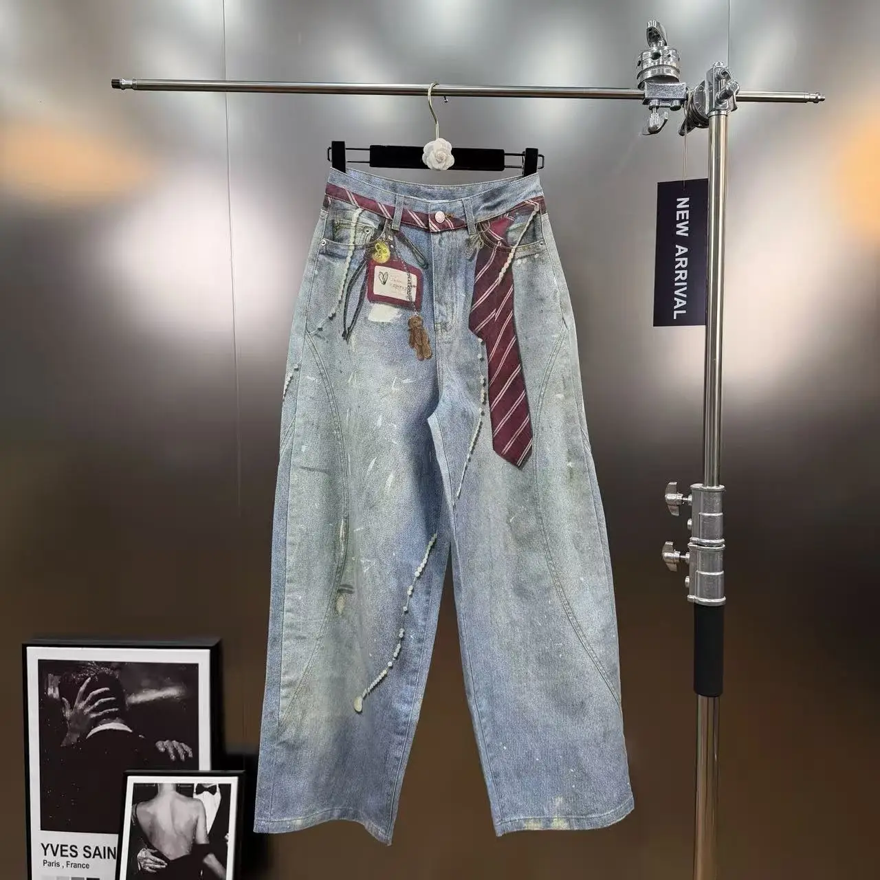 High Street Spring Vintage Tie Print Washed and Distressed Pants Women's Splashed Ink Wide Leg Denim Pants with Street Style