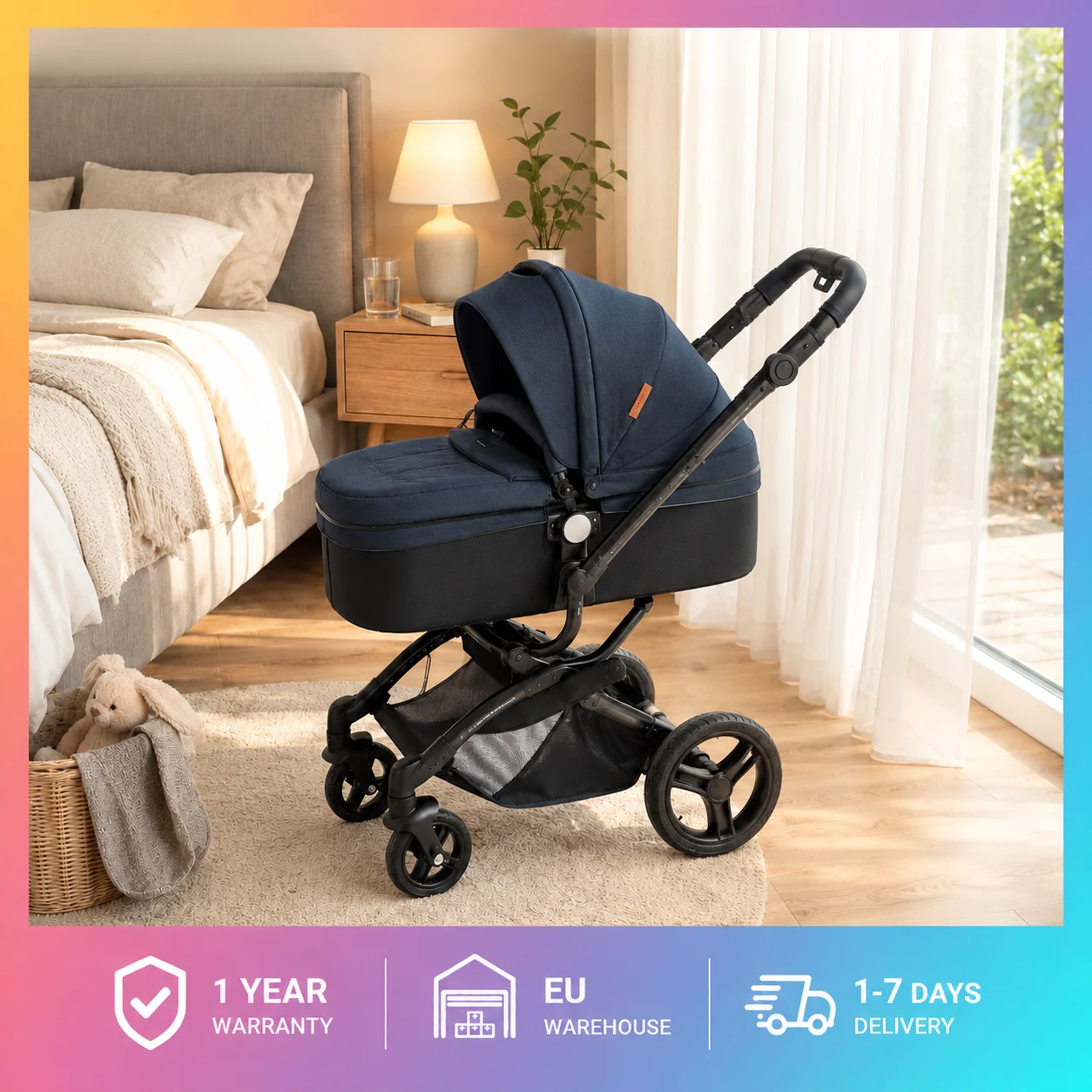 Luxus-Kinderwagen mit Ledergriff, warmen Handschuhen, achtfach verstellbarem Verdeck, hohem Sitz, Schlafkorb für Neugeborene, tragbare Babywiege, Stoßdämpfung, EVA-Reifen, Ein-Fuß-Bremse,
