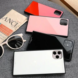 Luxury Fashion Glossy Square Tempered Glass Plain Cases For iPhone 16 15 14 13 12 Pro Max 14 Plus Cover