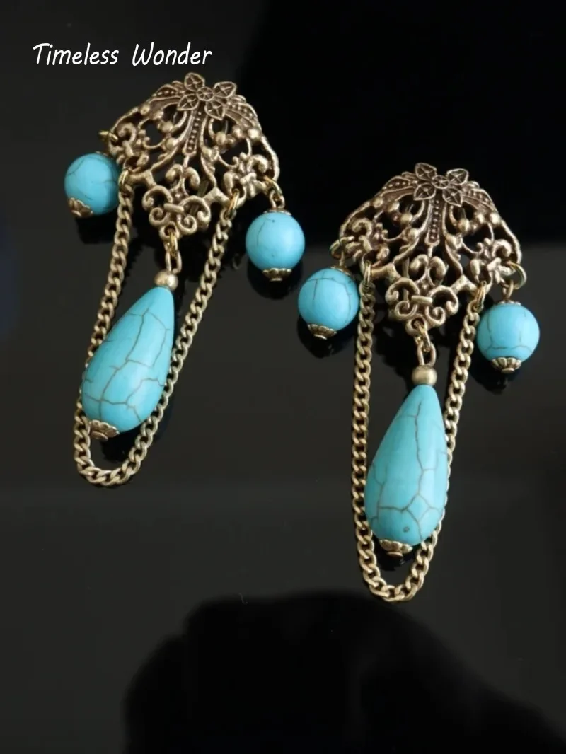 Timeless Wonder Retro Geo Stone Tassel Button Earrings for Women Designer Jewelry Luxury Sweet Medieval Rare Top Gift Fancy 3319