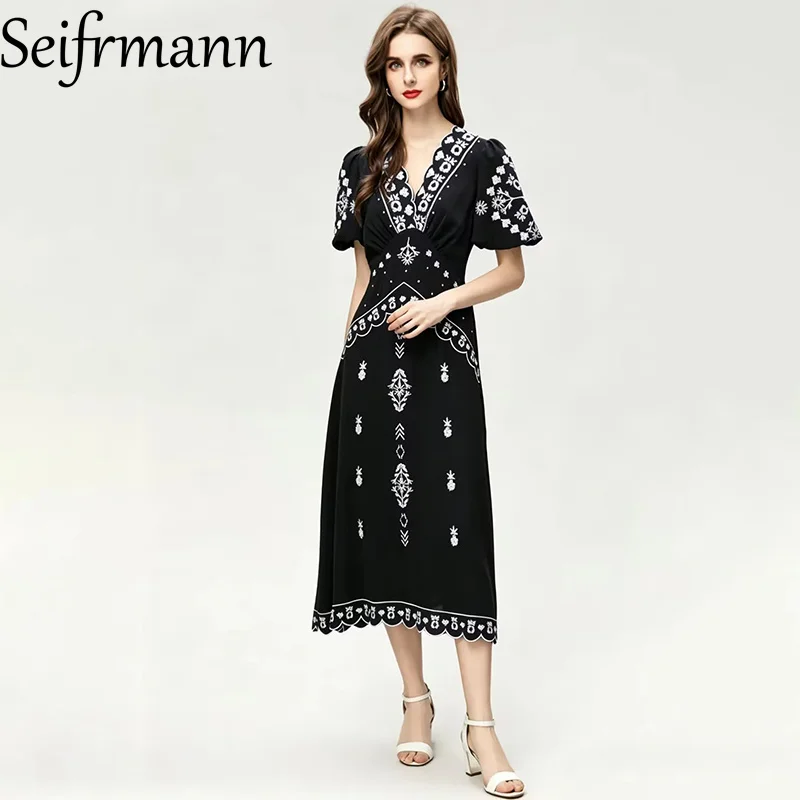 Seifrmann Spliced ​​embroidered wavy edge dress v-neck short-sleeved waist Mid length dress 2026 summer women's new style