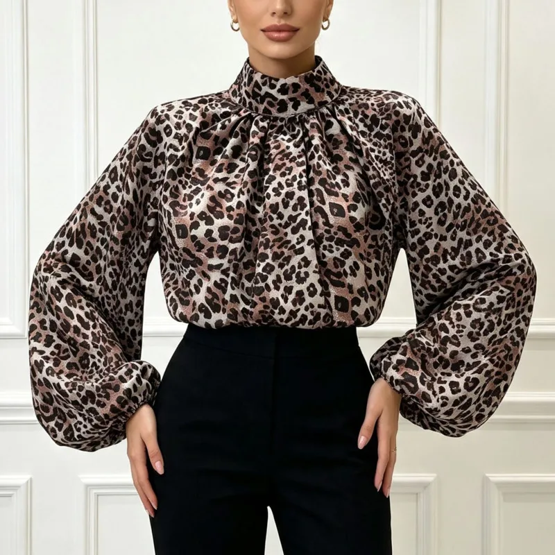 HKSH Women Short Shirt High-end Street Style Stand Collar Leopard Print Design Expose Waist Niche Lantern Sleeves Blouse HK26869