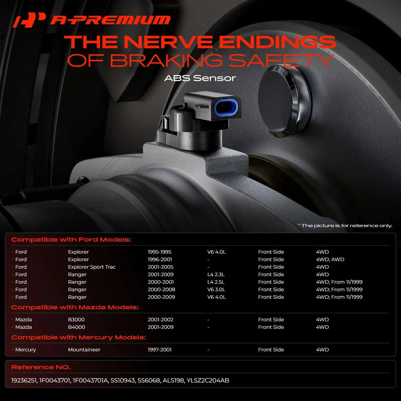 A-Premium Front Side ABS Wheel Speed Sensor for Ford Explorer 1995-2001 Ranger 2000-2009 Mazda B3000 2001-2002 B4000 2001-2009