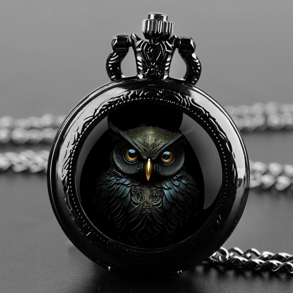 

Owl Design Glass Dome Fashion Arabic Numerals Quartz Pocket Watch Necklace Pendant Chain Mens Women Gifts