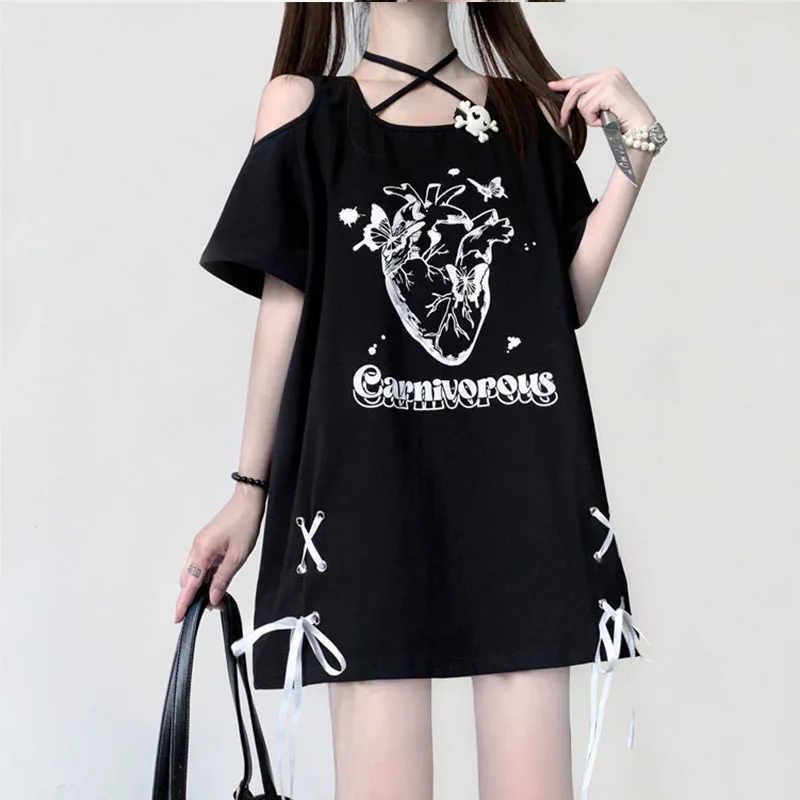 Dark Style Neck Hanging Cross Print Tie Loose Short Sleeved T-shirt for Female Students, Summer Slimming and Flesh Covering Top