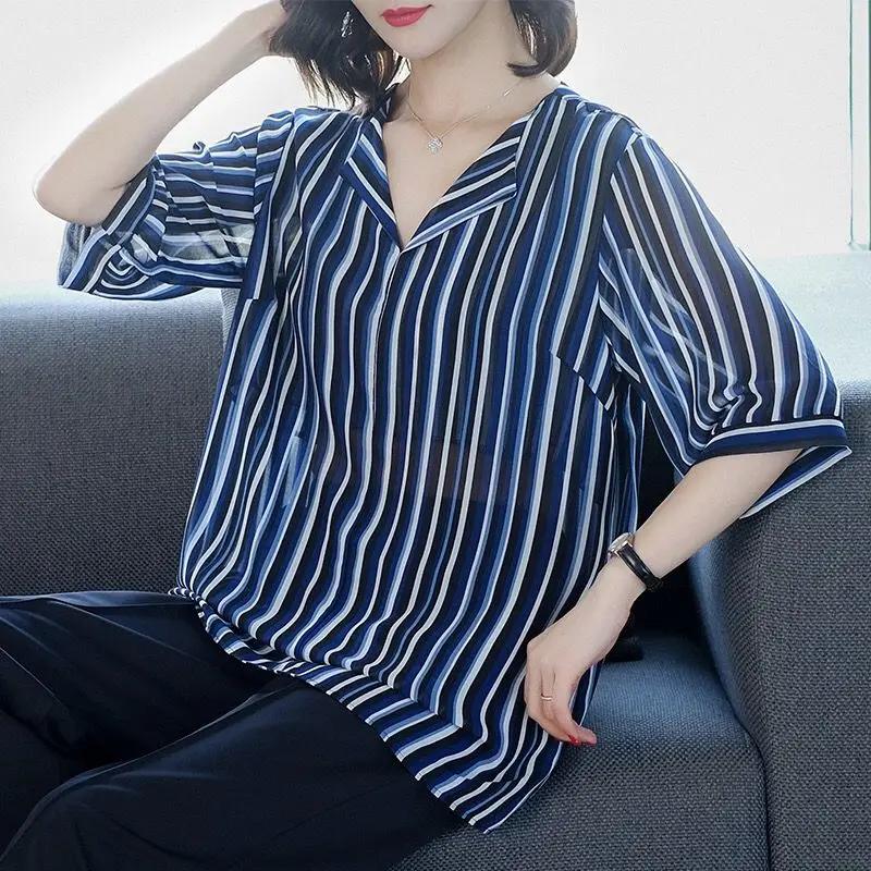 Office Lady Striped Loose Chiffon Blouse Half Sleeve Female Clothing Fashion Patchwork 2023 Summer New Casual V-Neck Midi Shirt