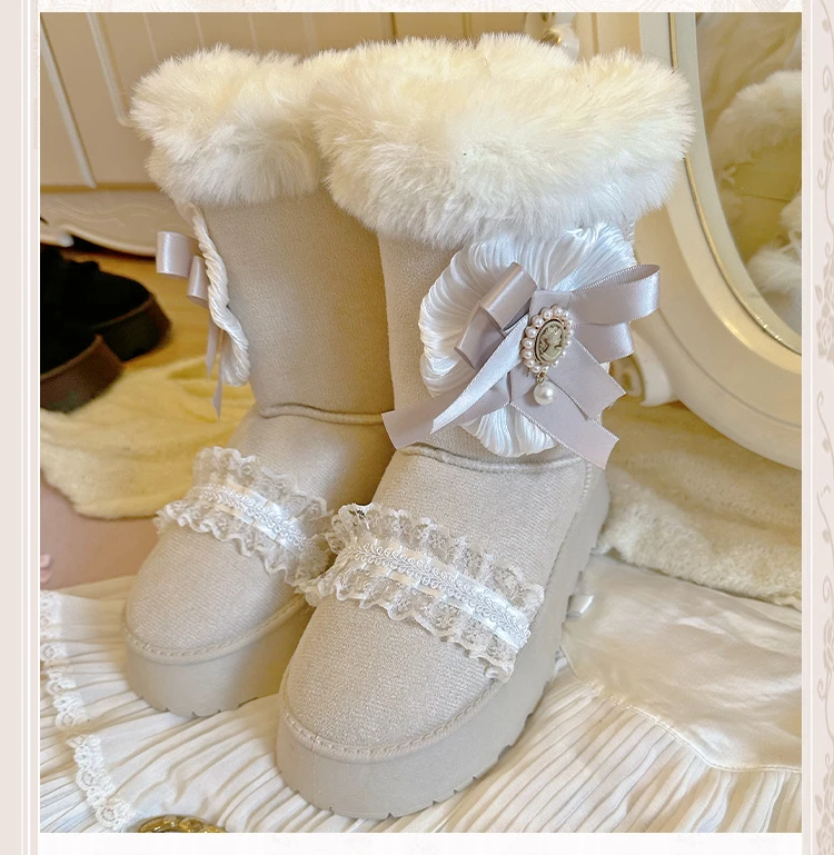 日本製オリジナルロールスノーブーツ、スイートレースアップ、パール装飾付きカジュアルシューズ、冬用ファー付きレディースプラッシュウォームミッドブーツ