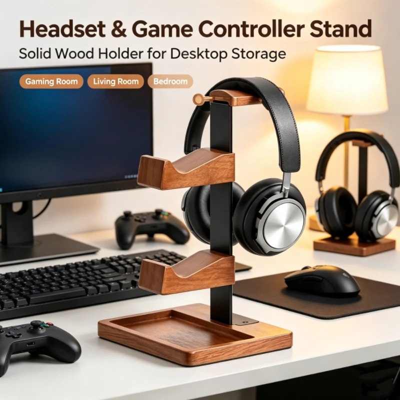 Headset Stand - حامل خشبي متعدد الوظائف لسماعات الألعاب،