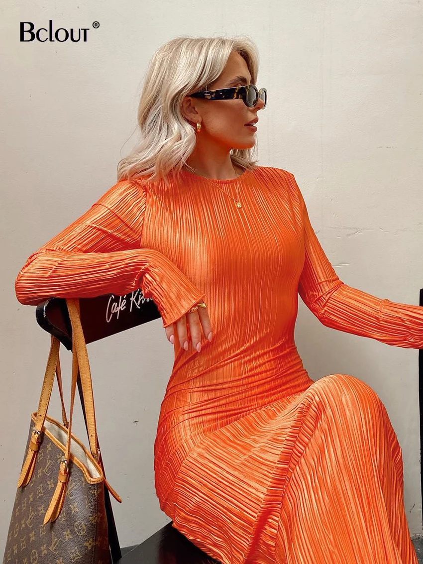 Bclout Elegant Orange Tight Dress Women 2024 Summer O-Neck Long Sleeve Pleated Dress Fashion High Waist Sexy Long Dresses Female