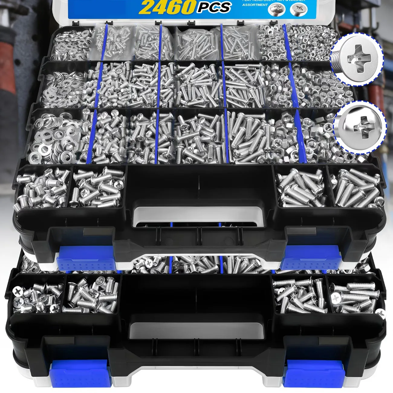 2460Pcs Stainless Steel Cross Countersunk Bolts Nuts Washers Set M3 M4 M5 M6 Double Layer Storage Box Hardware Kit