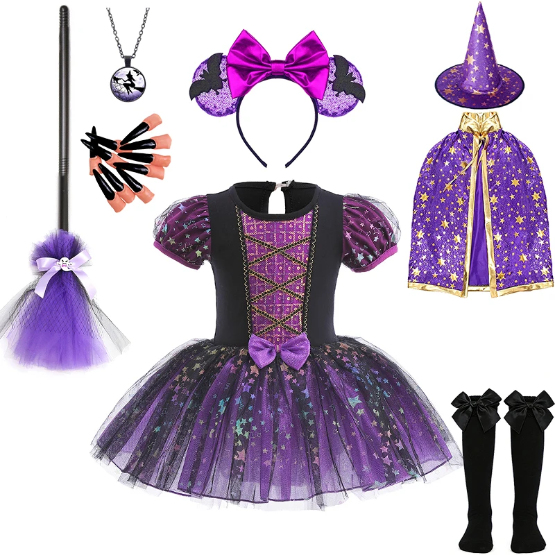 Disguised Child Shiny Sequin Fluffy Tutu Dress for Girls Halloween Cosplay Witch Role Play Performance Carnival Children Costume