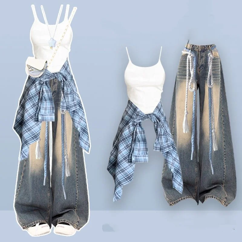 

Women Korean Causal Spring Fall Plaid Shirts White Sling Denim Pants 1 or Three Piece Set Lady Fashion Blouse Vest Jeans Outfit