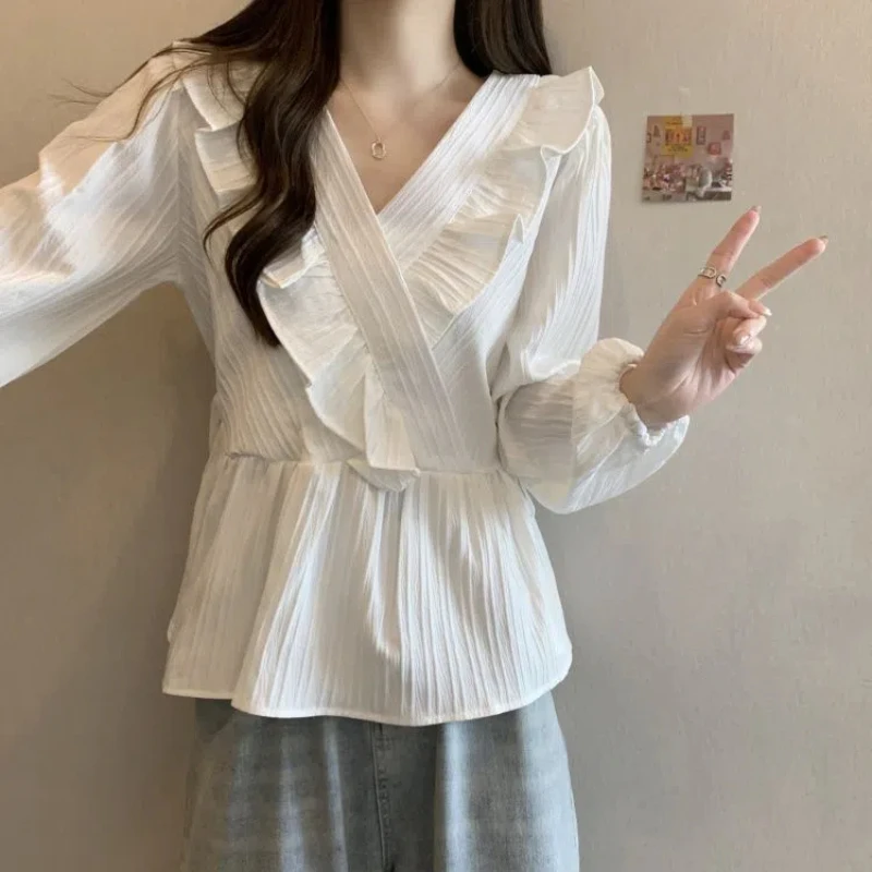 Women Clothing V Neck Ruffles Loose Casual Shirt Tops Spring Autumn New Long Sleeve Pleated Solid Korean Blouse Sweet Fashion