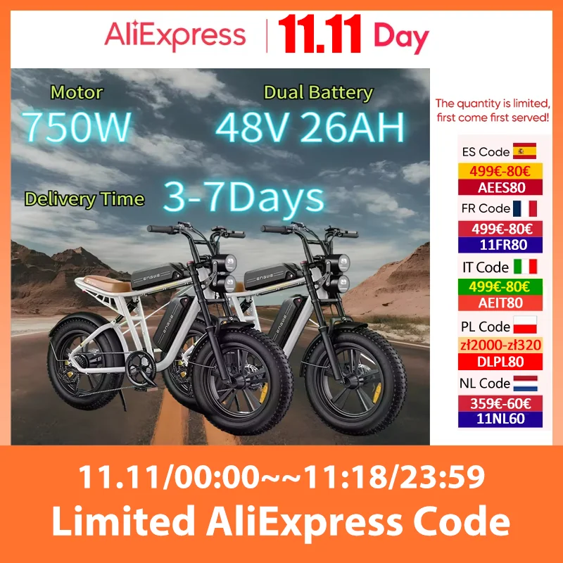 ENGWE M20 Electric Bicycle 750W Powerful Motor 48V 26Ah Dual Battery Mountain Snow E Bike Adult 20*4 Inch Fat Tire Electric Bike