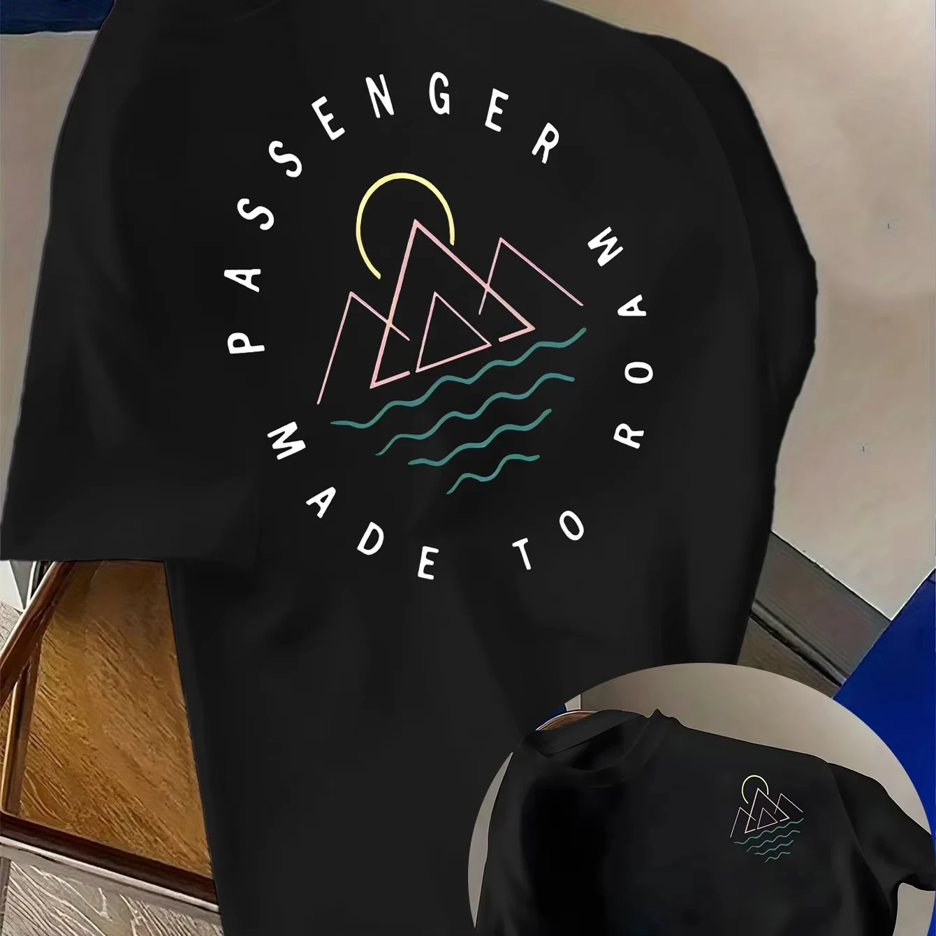 Men's Light Blue T-Shirt - Mountain Wave Graphic Tee with Passenger Design Breathable Summer Shirt for Travel Hiking Beach Tee