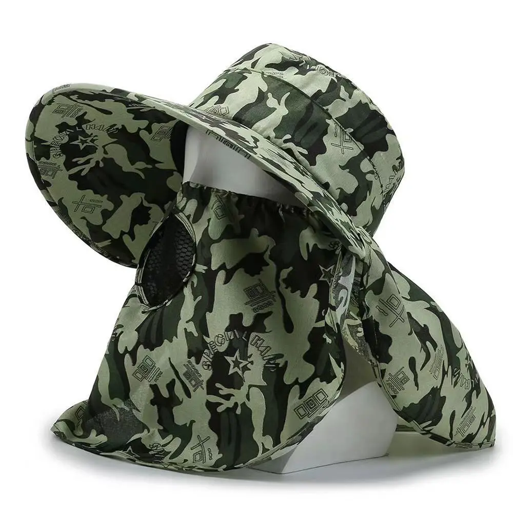 Camouflage Quick-drying Men Women Hat Outdoor Face Mask Wide Brim Bucket Hat Sun Protection Wide Brim Cap for Fishing Hunting