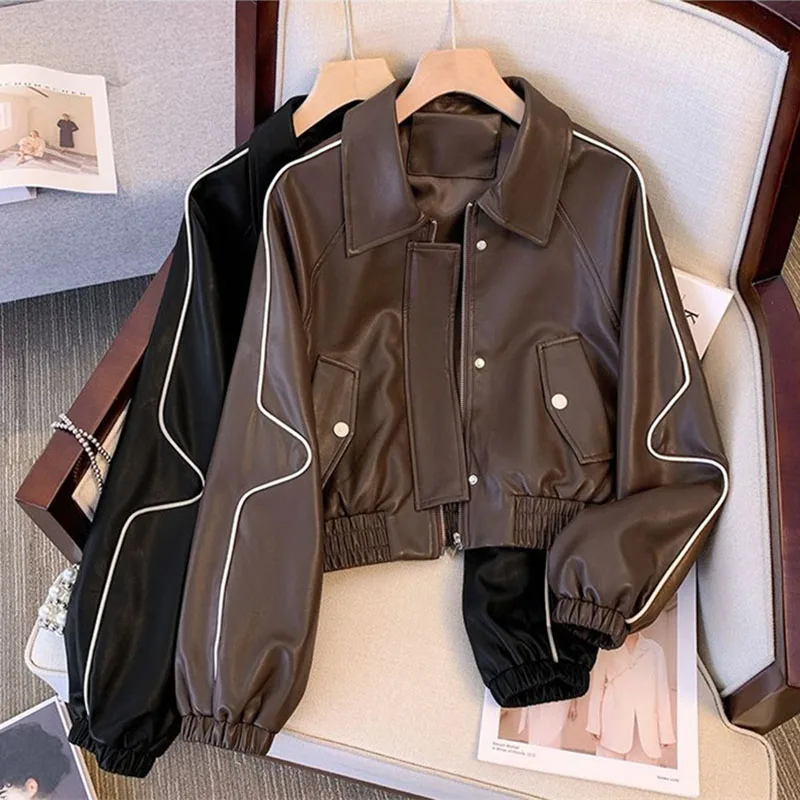 Veste de moto délavée courte pour femme, cuir PU, manteau décontracté, fermeture éclair, mode féminine, printemps, automne, nouveau, 2025